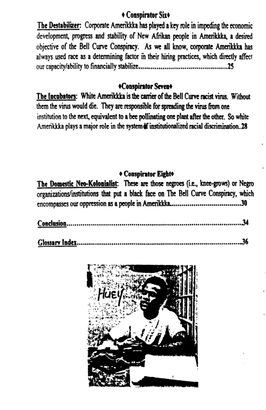 + Conspirator Sixs The Destabiizer: Corporate Ameritka hs plyed  key rle i impeding theeconomic development, progres and sability of New Afrkan people in Amerkkka, a desived objctve of the Bell Curve Conspicy. As we all know, corporate Amerkkia has always used ace s a determining fctor  thei hirng practices, which diety affect our capacityailyto fnancilly sabilze, 5  +Conspirator Seven ‘The Incubatory: White Amerikkka is the carrier of the Bell Curve racst virus. Without them the virs would die. They are responsible fo speading thevirs rom o institution to the next, equivalent to a bee pollinating one plant after the other. So white: Amerikkka plays a majot role inthe system f institutonalized acil discriminaton. 28  + Conspirator Eights ‘The Domestic Neo-Kolouialst: These ae those negroes (i, knee-grows) or Negro nmmnwmmmm:mnlmfmwThMCmam wa\  ncompassesouroppression 1 8 people in Amerkika....  Conclusion.  